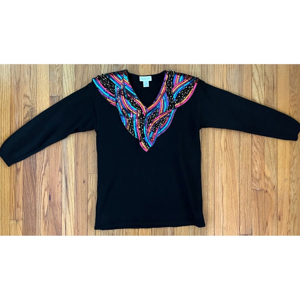 Vintage 1980s Black Eminent Sequins V-Neck Granny Chic Sweater Women M